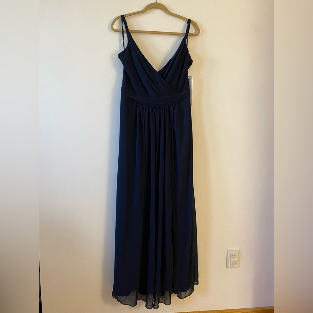 Levkoff navy spaghetti strap gown